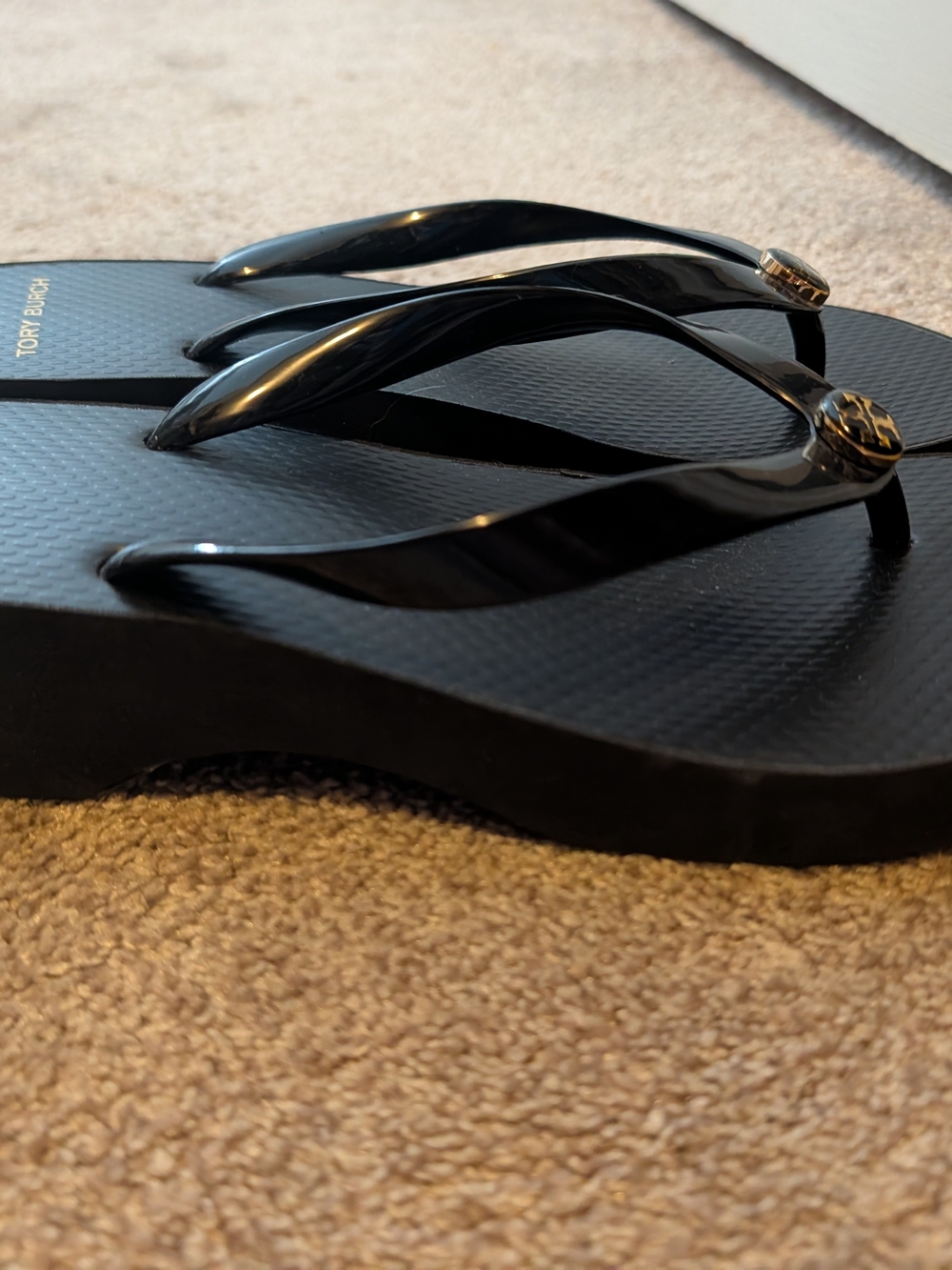 Tory Burch Black Jelly Flip Flops with Gold Logo - Picture 3 of 4
